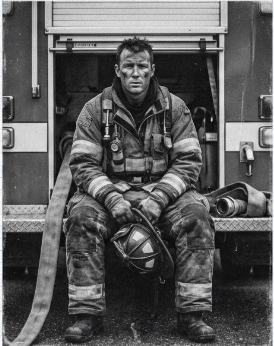 Firefighter seated on a fire-truck tailboard, holding a helmet